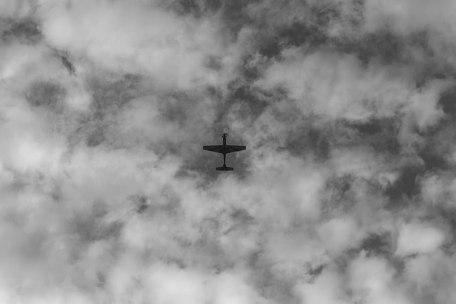 airplane, grey, cloud, silhouette, cloudy, black and white, sky HD wallpaper