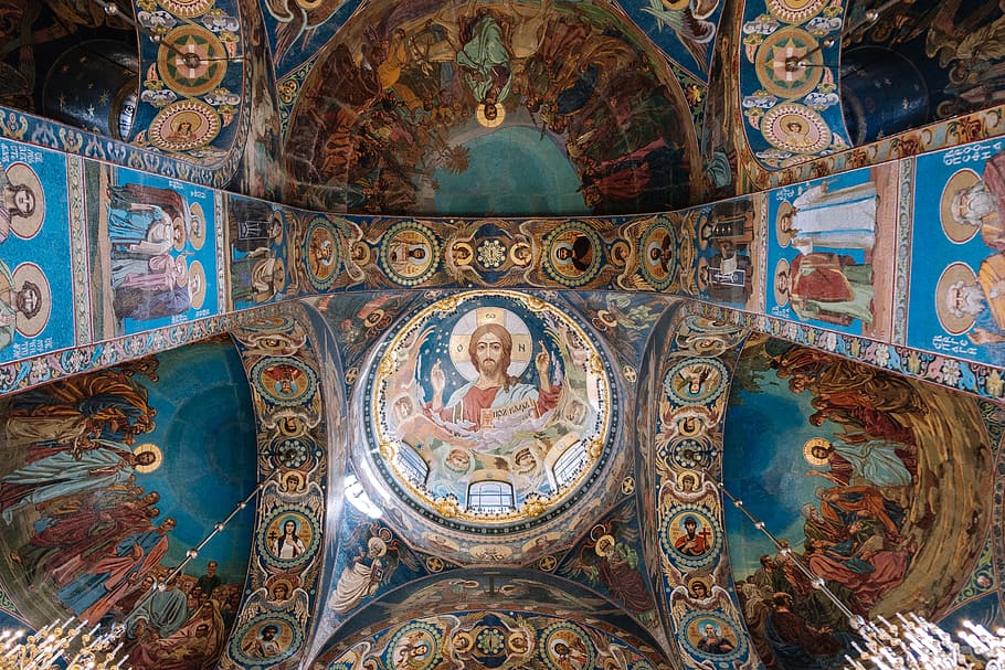 Sistine Chapels ceiling low-angle photo, church, roof, jesus