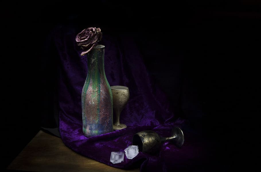 ice, darkness, background, bottle, wine glasses, decor, painting on glass HD wallpaper
