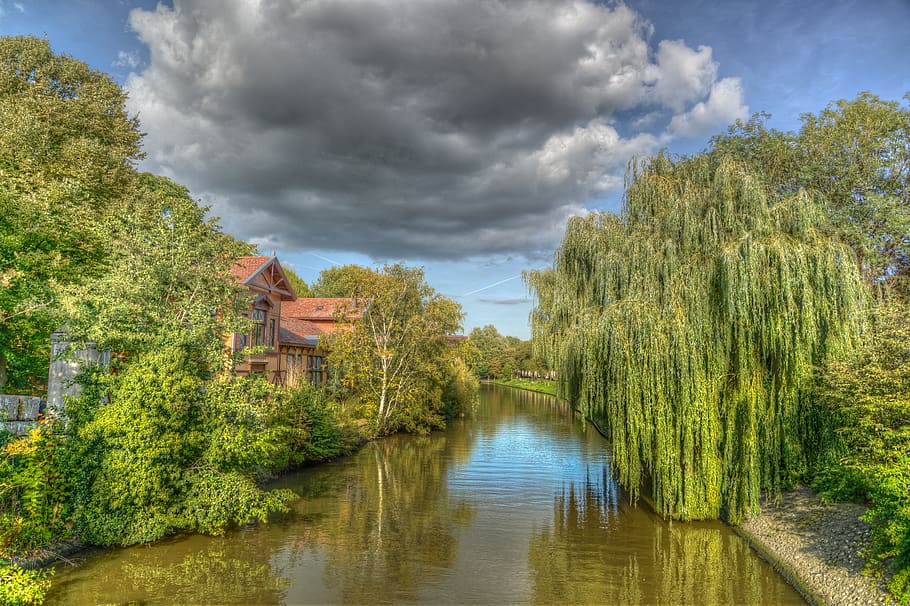 dark cloud, hdr, blue sky, trees, green, water, reflection HD wallpaper