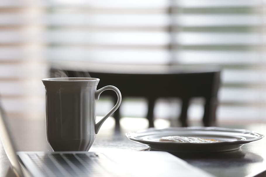 white ceramic mug beside plate on table, food and drink, cup HD wallpaper