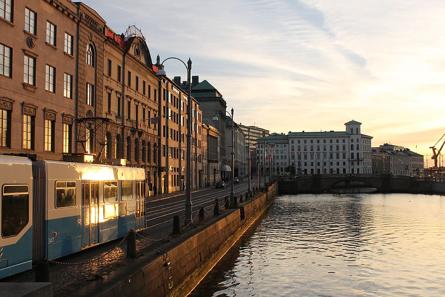 sweden, gothenburg, tram, city, sunset, architecture, building exterior