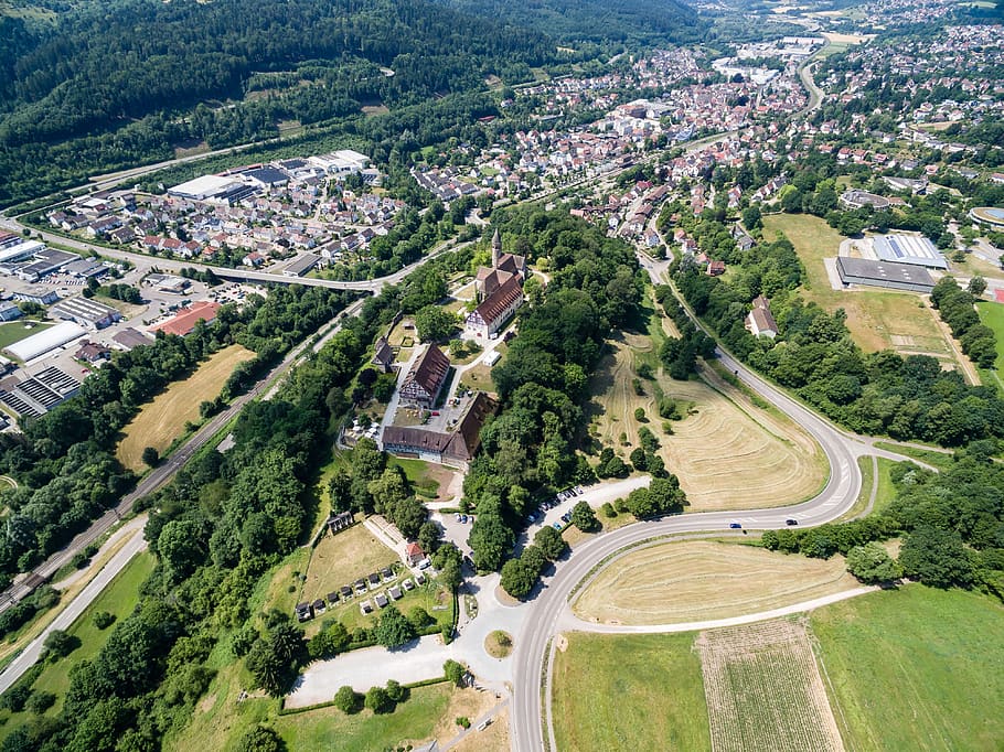germany, lorch, kloster lorch, above, church, draufsicht, drone HD wallpaper