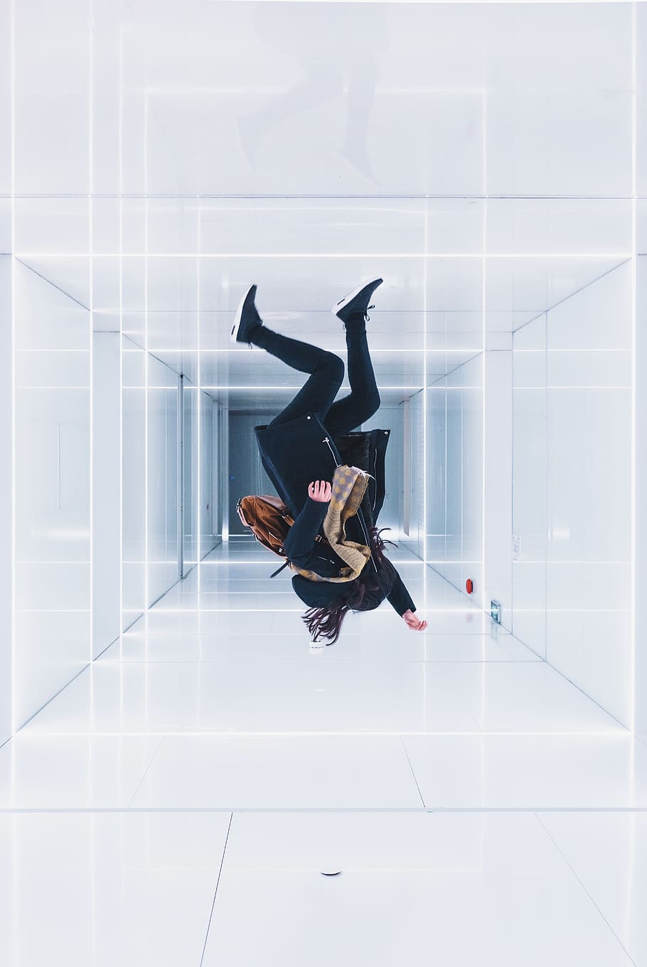 building, white, indoor, wall, floor, people, woman, jump, reflection HD wallpaper