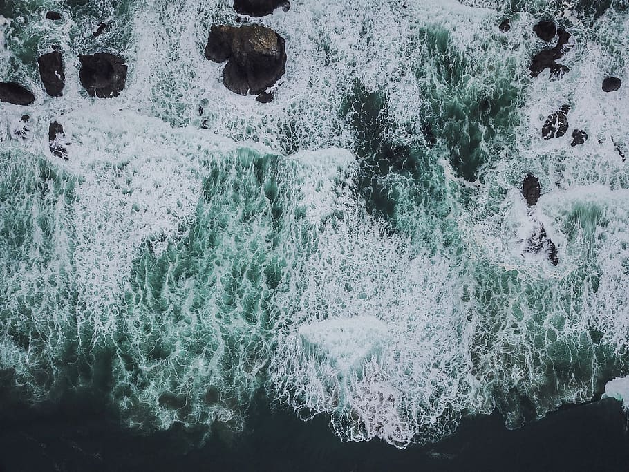 view, wave, wafe, drone, coast, shore, beach, rock, nature HD wallpaper
