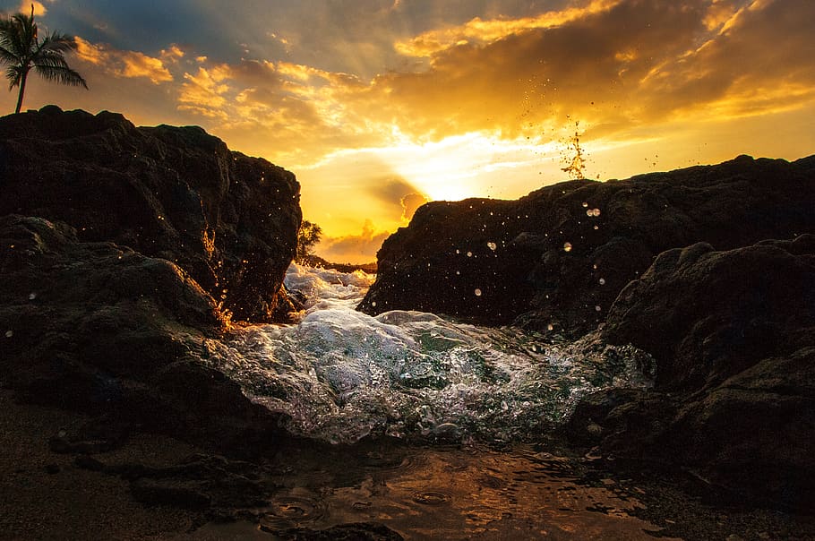 waterfalls between rocks, sky, cloud - sky, sunset, beauty in nature HD wallpaper