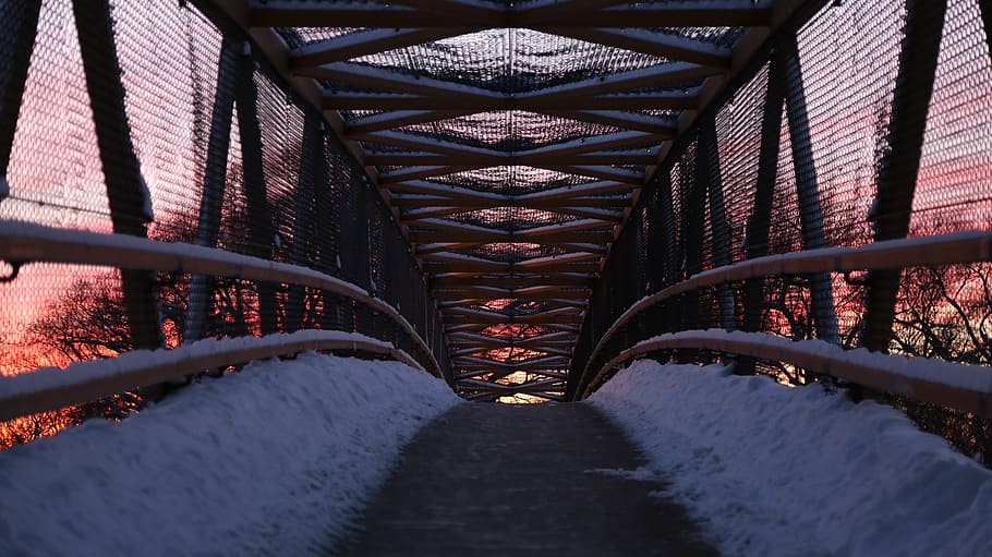 bridge, sunset, color, snow, evening, twilight, winter, architecture HD wallpaper