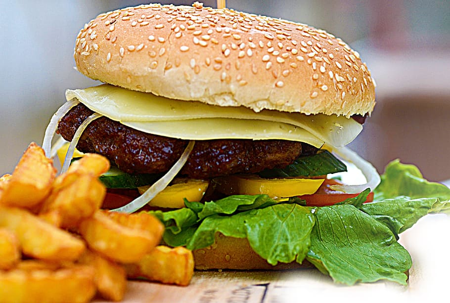 hamburger, food, cheeseburger, french fries, bun, sandwich, HD wallpaper