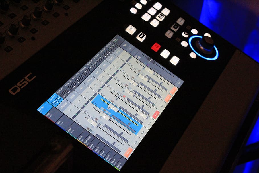 turned on QSC digital device on brown surface, electronics, computer HD wallpaper