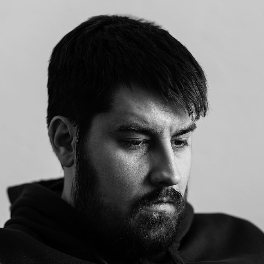 man in black hoodie, person, human, face, beard, portrait, noir HD wallpaper