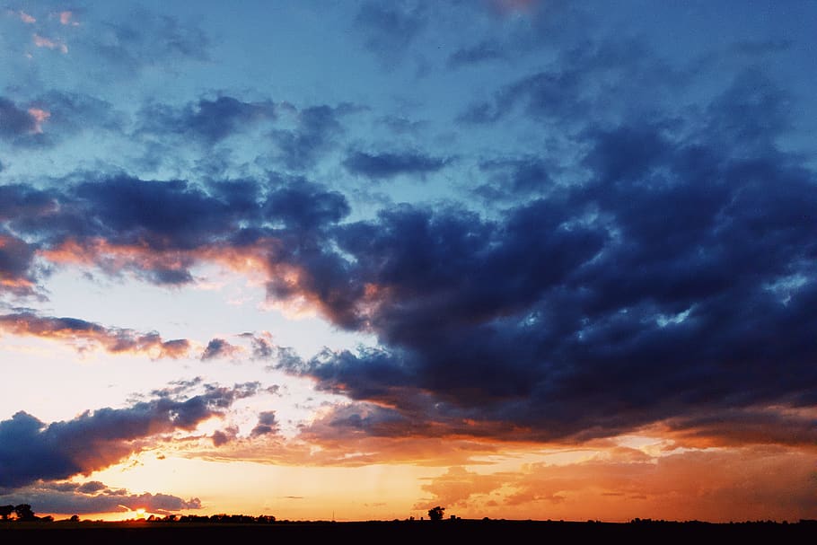 sunset, sky, cloud, blue, field, farm, storm, cloud - sky, scenics - nature HD wallpaper