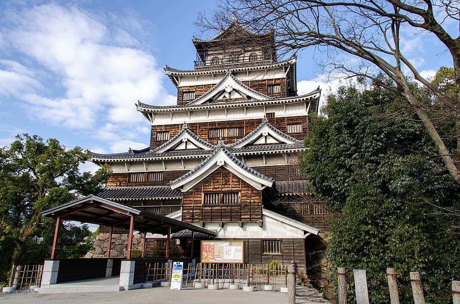 hiroshima, castle, tower, japan, design, wood, architecture, HD wallpaper