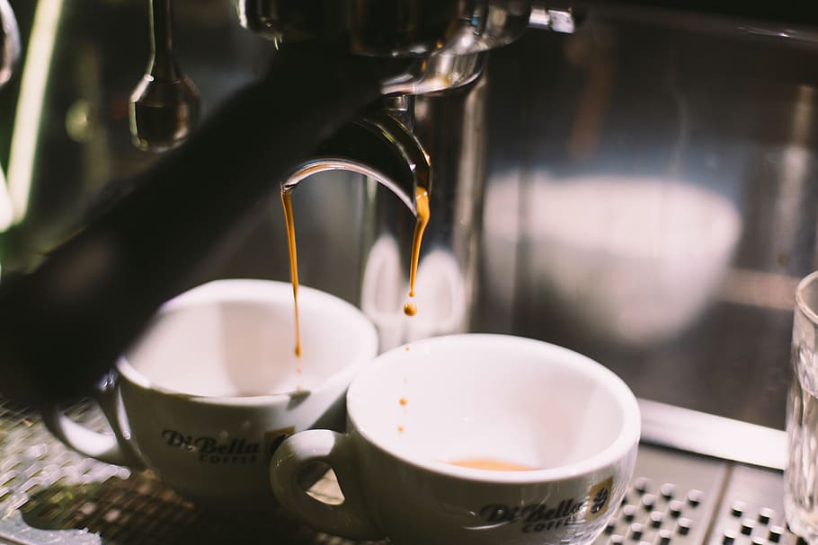 two white ceramic mugs on coffeemaker, food and drink, pouring HD wallpaper