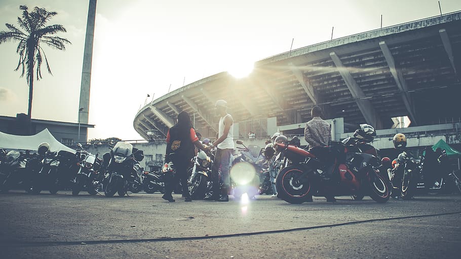 motorcycle parked, transportation, vehicle, human, person, wheel HD wallpaper