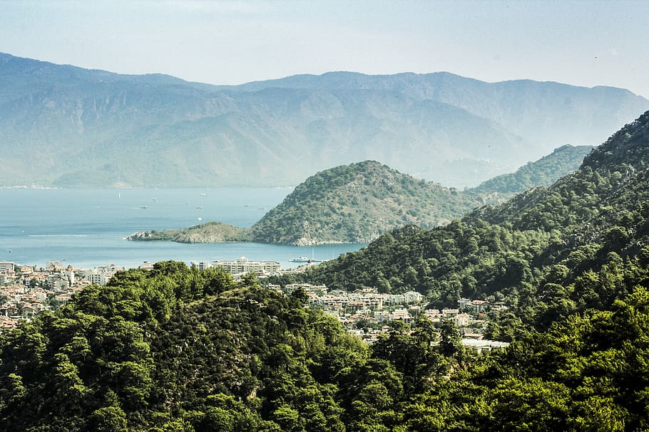 turkey, seaside, forest, summer, mountains, seasidetown, blue HD wallpaper