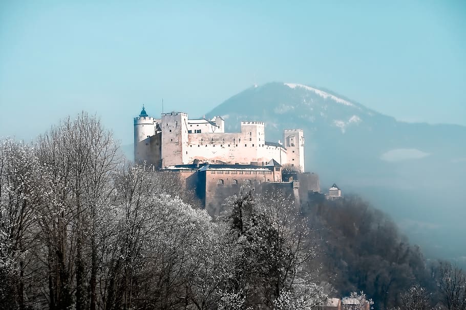 white castle on mountain, building exterior, architecture, built structure HD wallpaper