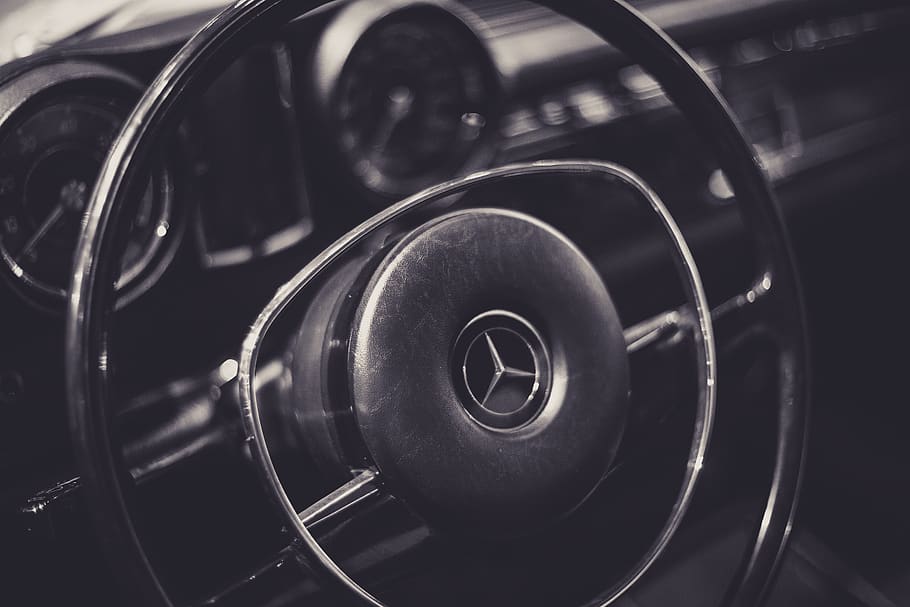black Mercedes-Benz steering wheel, vehicle, automobile, car