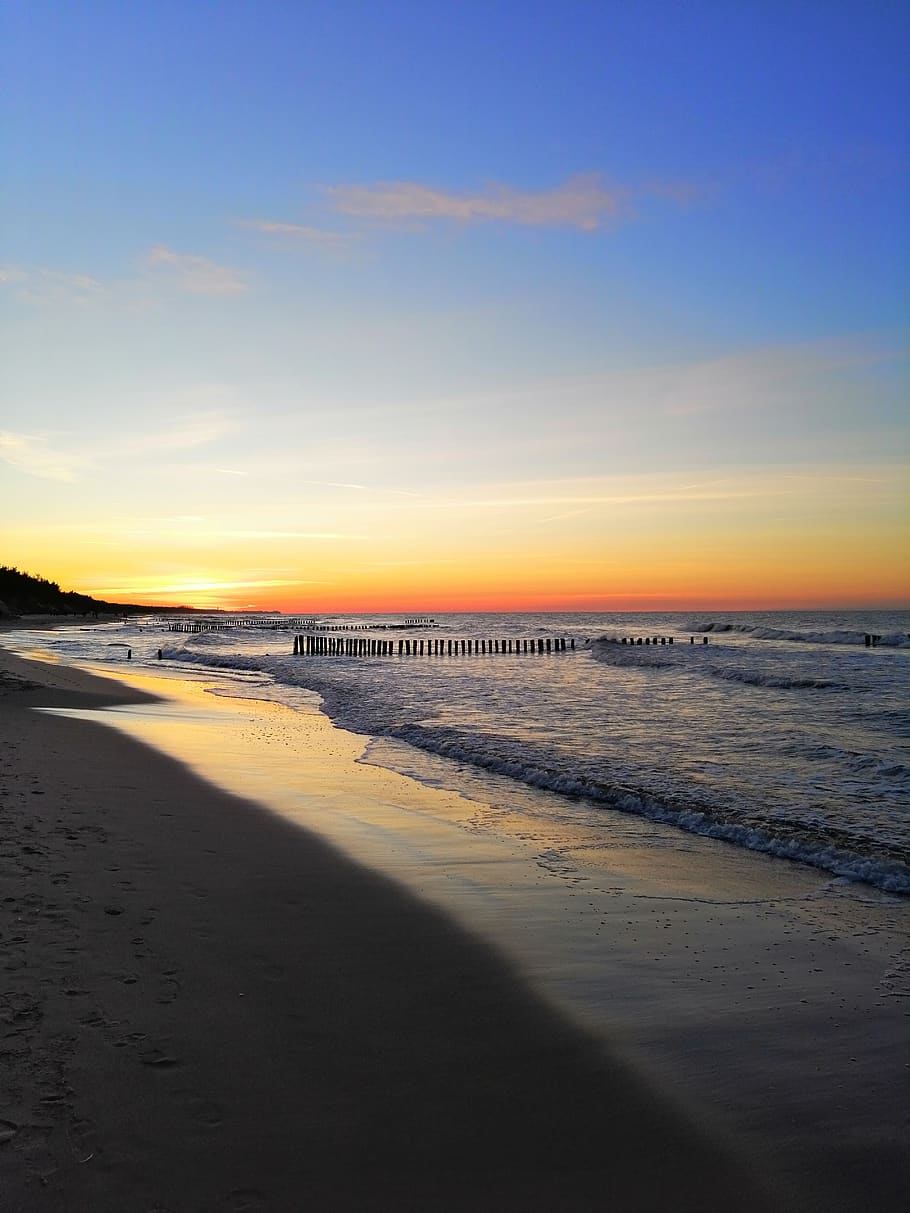 sea, sunset, beach, sky, water, land, scenics - nature, sand HD wallpaper