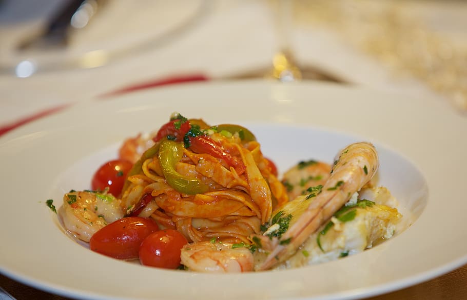 flat, restaurant, fish, delicious, gambas, food, food and drink HD wallpaper