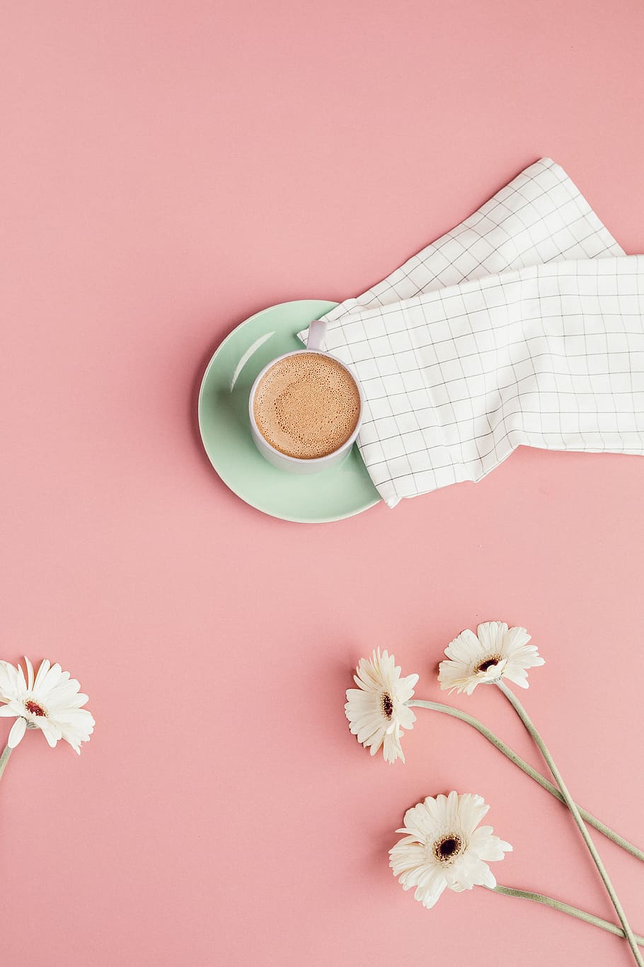white ceramic mug with coffee, flowering plant, freshness, indoors HD wallpaper