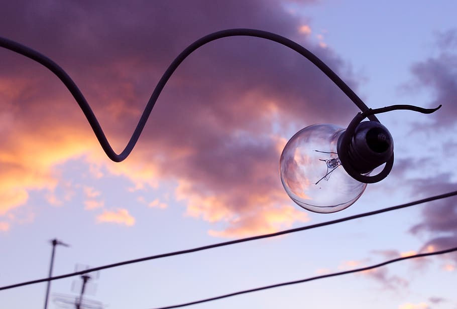 light, bulb, wire, electricity, sky, clouds, sunset, low angle view HD wallpaper