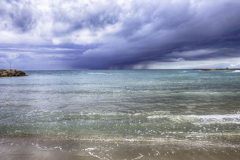storm, sea, beach, waves, ocean, clouds, marina, landscape HD wallpaper