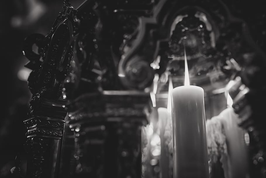 Grayscale of Lighted Candle, altar, blur, burn, burnt, Candlelights HD wallpaper
