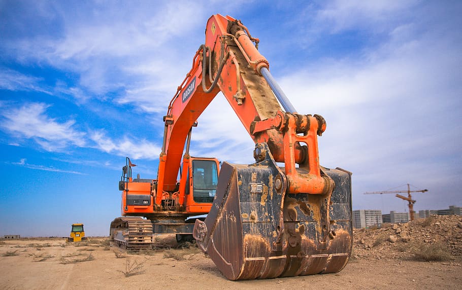 Low Angle Photography of Orange Excavator Under White Clouds, HD wallpaper