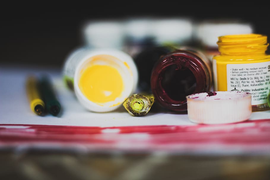 Selective Focus Photo of Opened Paint Containers, bottle, color HD wallpaper