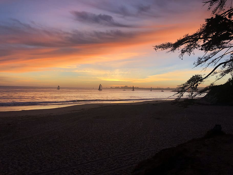 sunset, beach, california, harbor, santa cruz, sky, water, sea, HD wallpaper