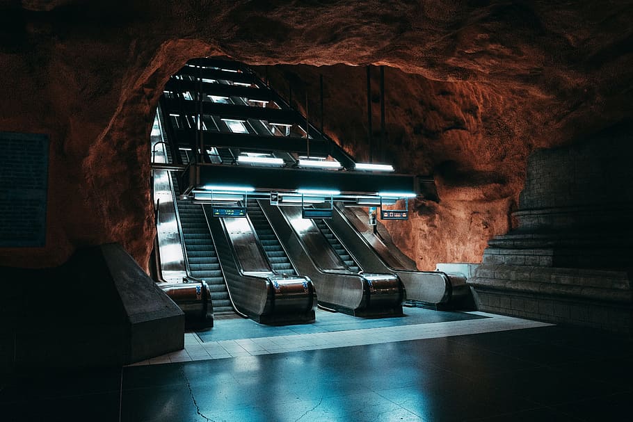 grey metal escalator, stairs, rock, cave, underground, light HD wallpaper