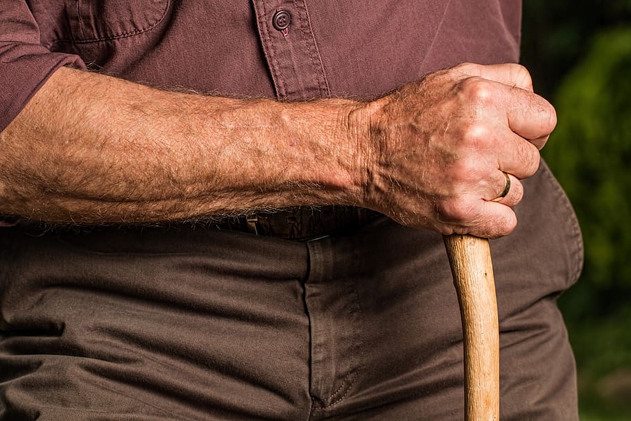 Man Holding Wood Cane, arm, elder, elderly, hand, old person, HD wallpaper