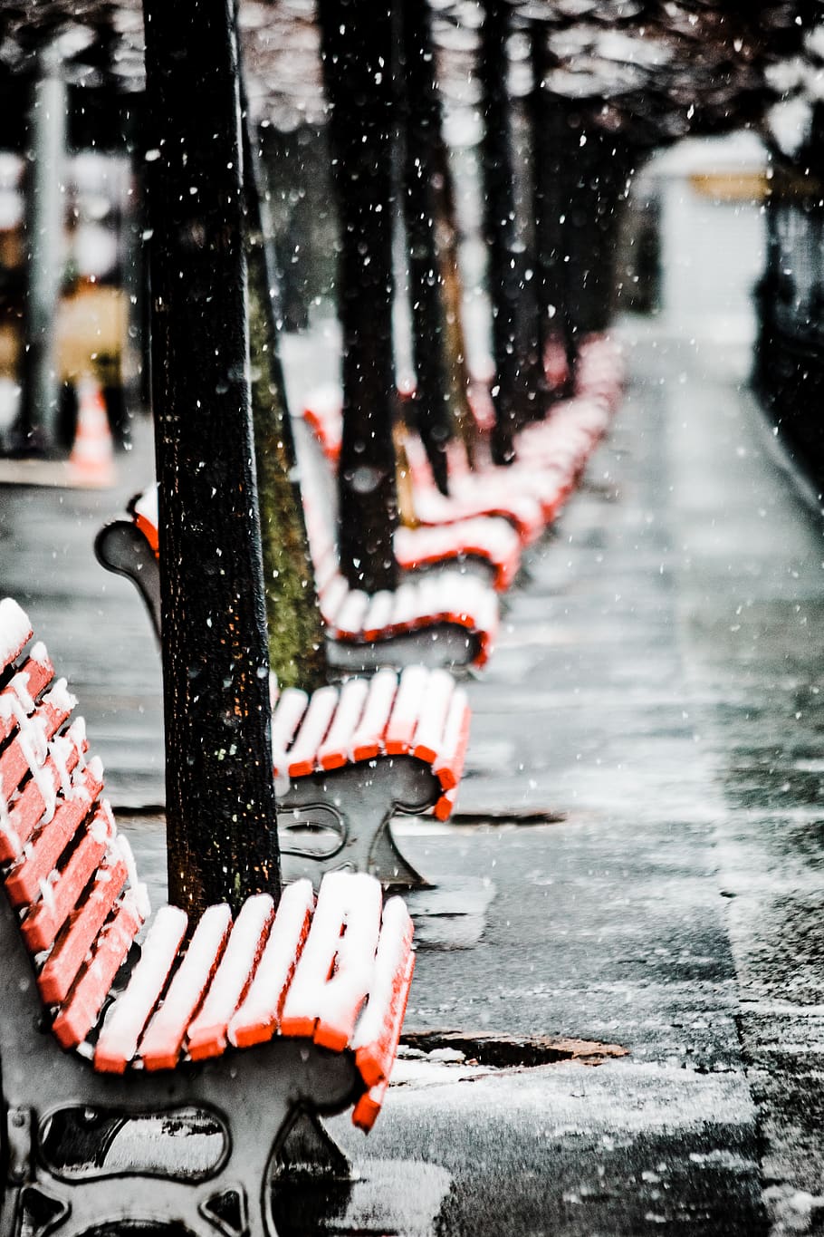 Chairs Covered in Snow, benches, blurred background, cold, colors, HD wallpaper