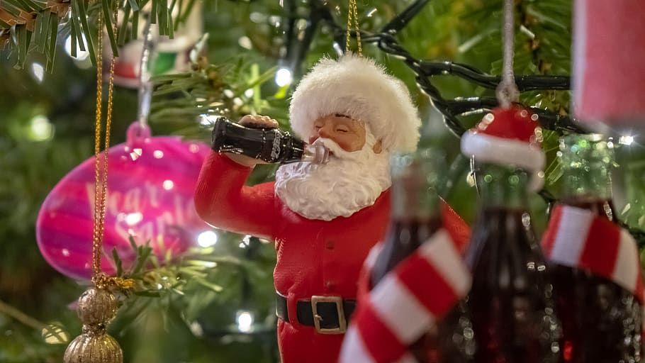 Santa drinking soda ornament, tree, plant, person, human, apparel HD wallpaper