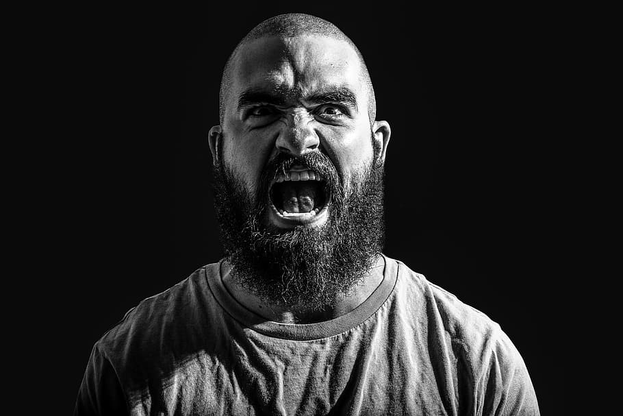 Angry Man, people, anger, bald, beard, black and White, male