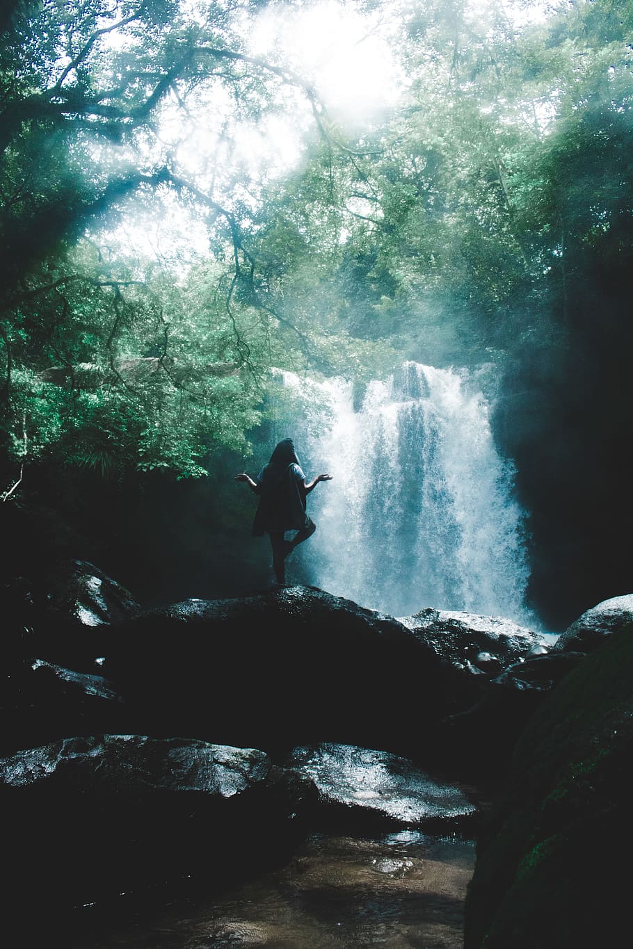 woman facing waterfall doing yoga, forest, rock, person, standing HD wallpaper