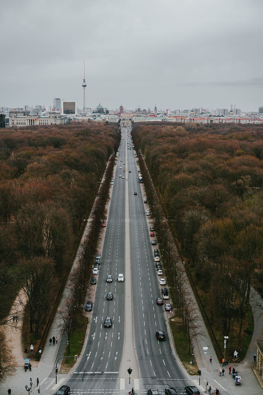 high-angle photography of road between trees, highway, siegessäule