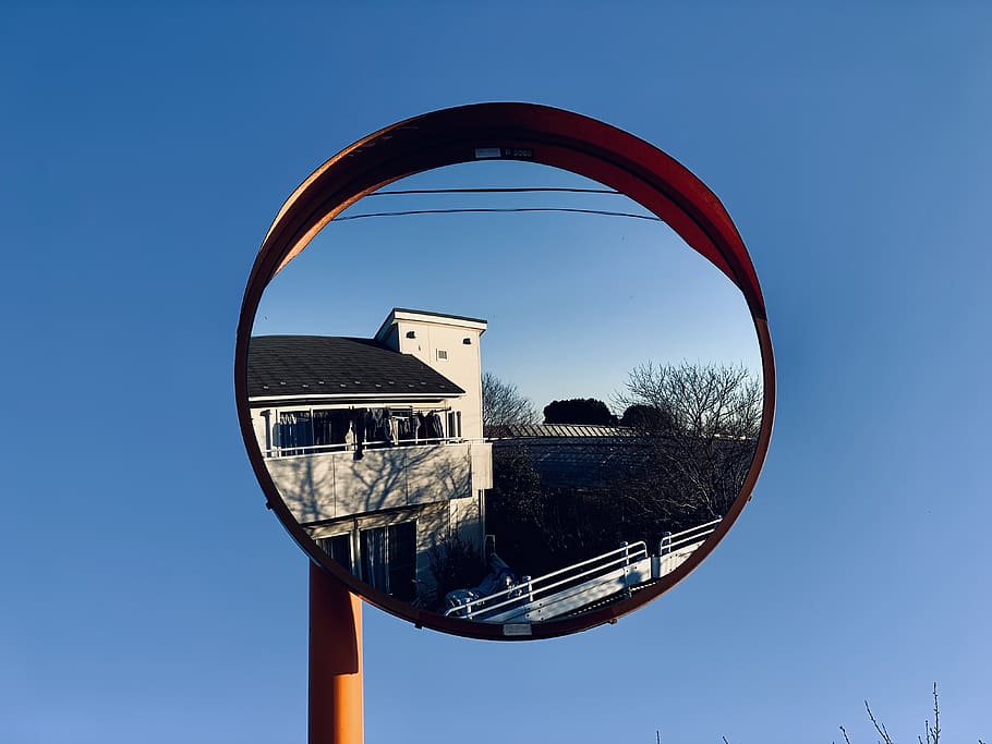 japan, hino-shi, 32 mogusa, sky, convex, mirror, blue, architecture, HD wallpaper