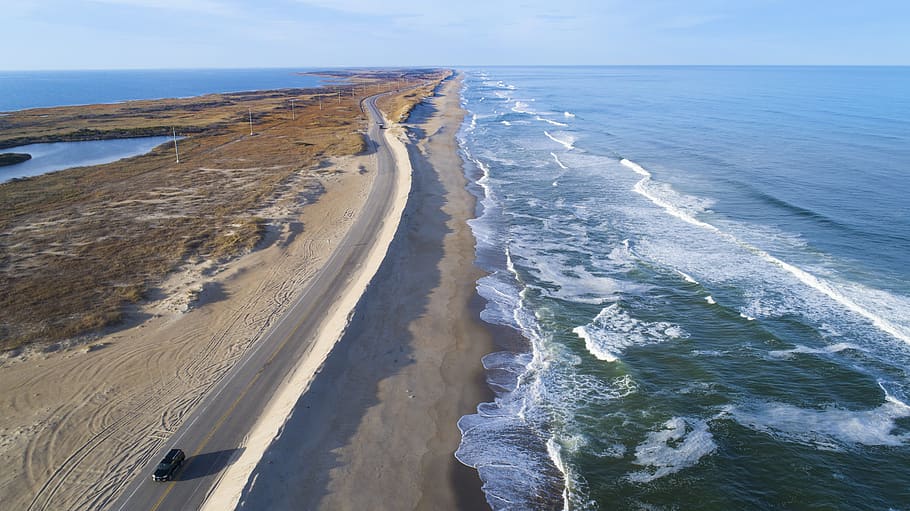 aerial, drone, beach, road, waves, landscape, ocean, quadrocopter HD wallpaper