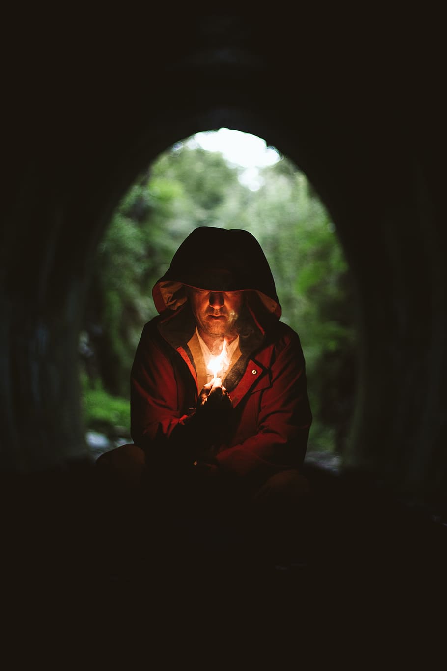 people, man, alone, sitting, meditation, hoodie, fire, light HD wallpaper
