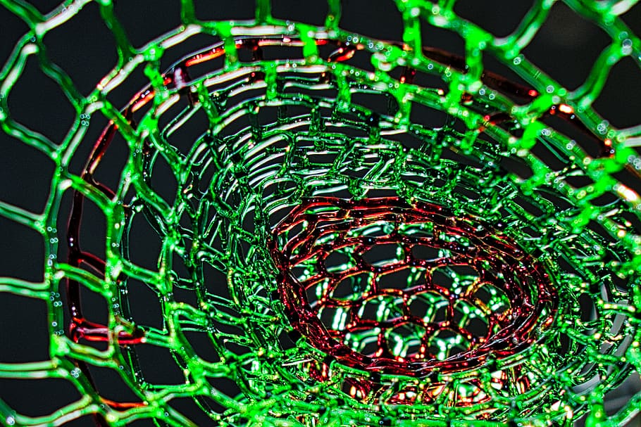 glass threads, structure, form, geometric, green, red, light HD wallpaper