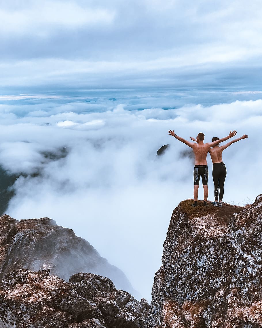 Scenic Photo of People Standing on Cliff, adventure, back view HD wallpaper