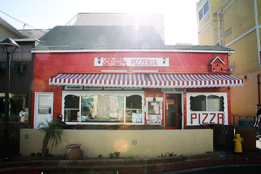 Red and White Pizzeria Cafe at Daytime, architecture, building, HD wallpaper