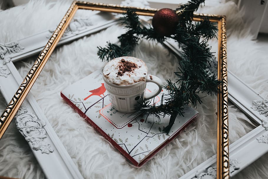 white ceramic mug filled with whit mousse, christmas, beverage HD wallpaper