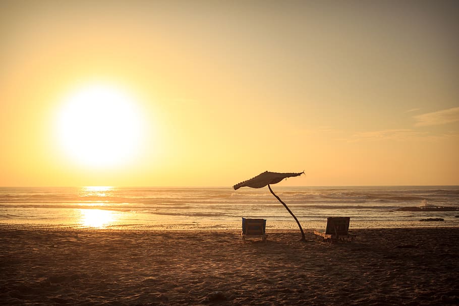 morocco, sunset, sand, orange, parasol, sunshade, deckchair HD wallpaper