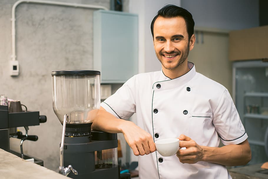 Chef Holding White Tea Cup, coffee, cook, drink, employee, facial hair