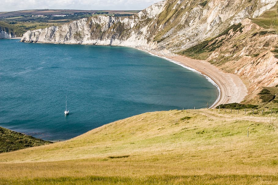 White Boat on Body of Water, bay, beach, blue, cliff coast, cliffs HD wallpaper