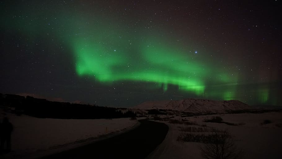 aurora, green, light, atmosphere, sky, stars, road, path, night HD wallpaper