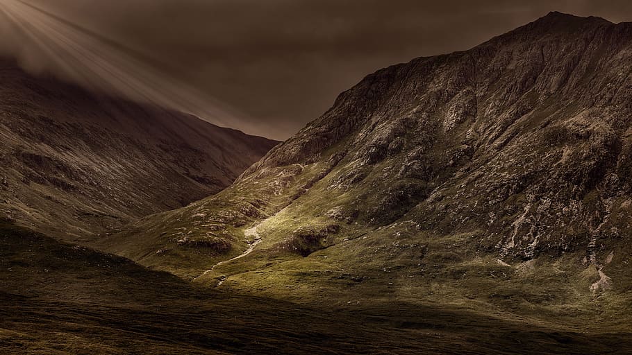 dark, sky, mountain, highland, landscape, green, grass, field HD wallpaper