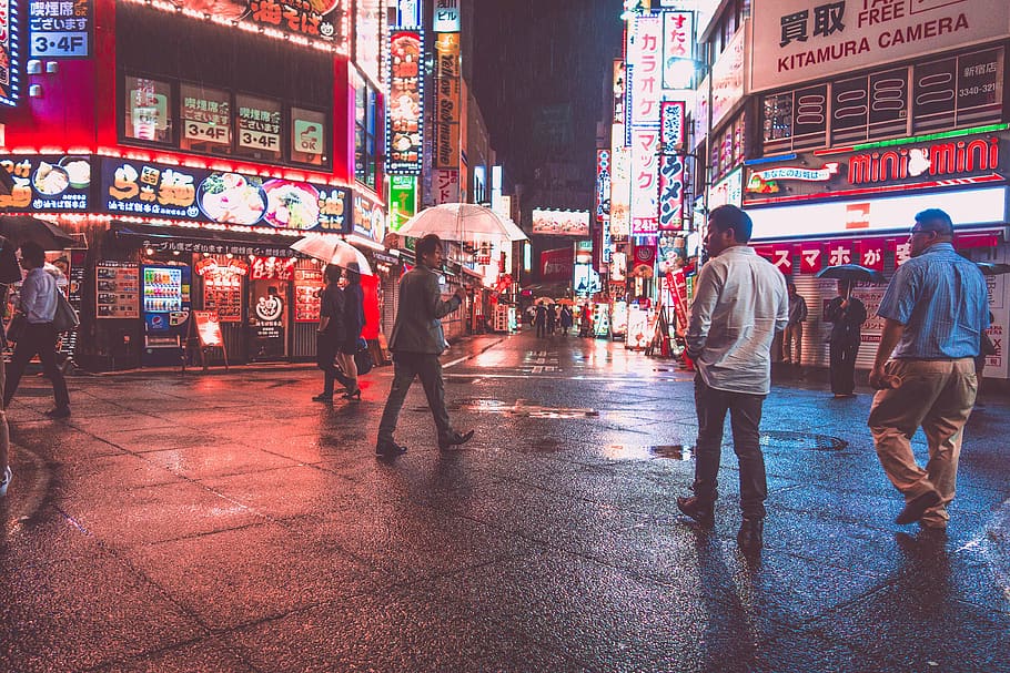 japan, shinjuku, cityscape, lights, neon, red, umbrella, rain, HD wallpaper